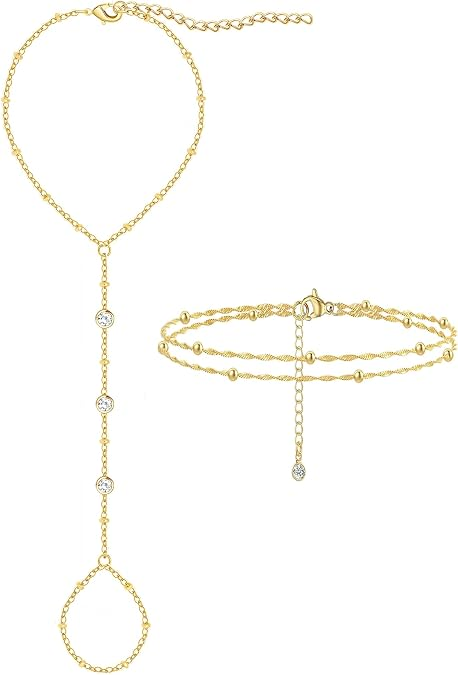 14K Gold Plated Hand Chain Bracelet Set