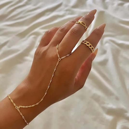 14K Gold Plated Hand Chain Bracelet Set